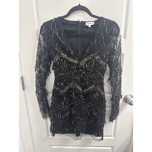 Superdown Black Sequin Fringe Mini Dress Long Sleeve V-Neck Bodycon Small